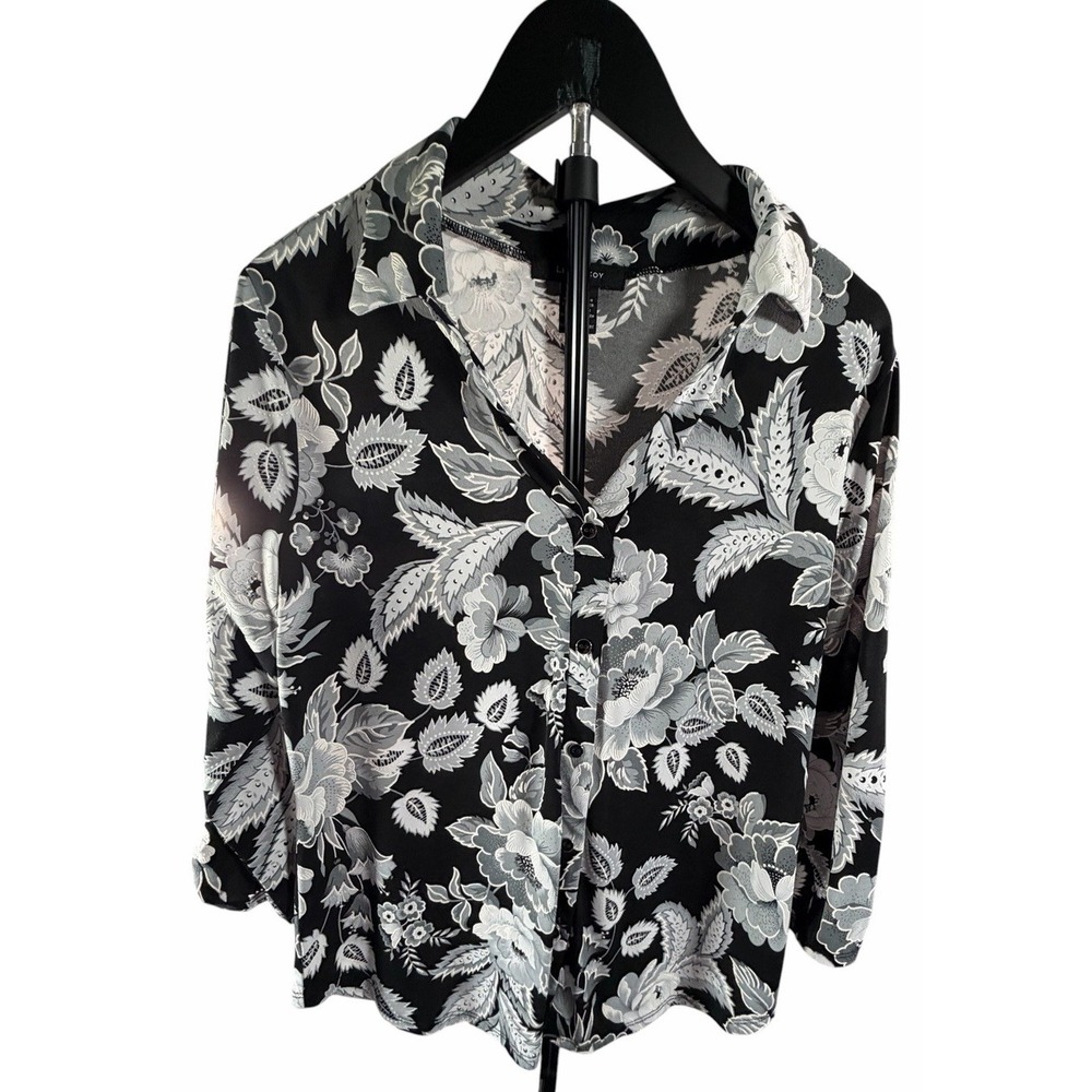 Liz McCoy Women's Large Black Gray Floral Button Front 3/4 Sleeve Stretch Blouse